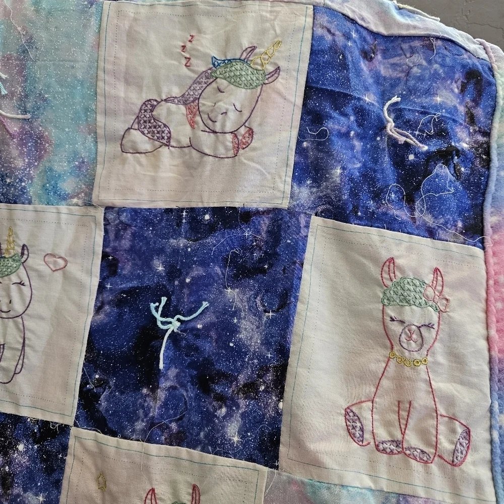 Handmade Patchwork Animal Baby Quilt Blue White Rainbow Sloth Unicorn Sleeping